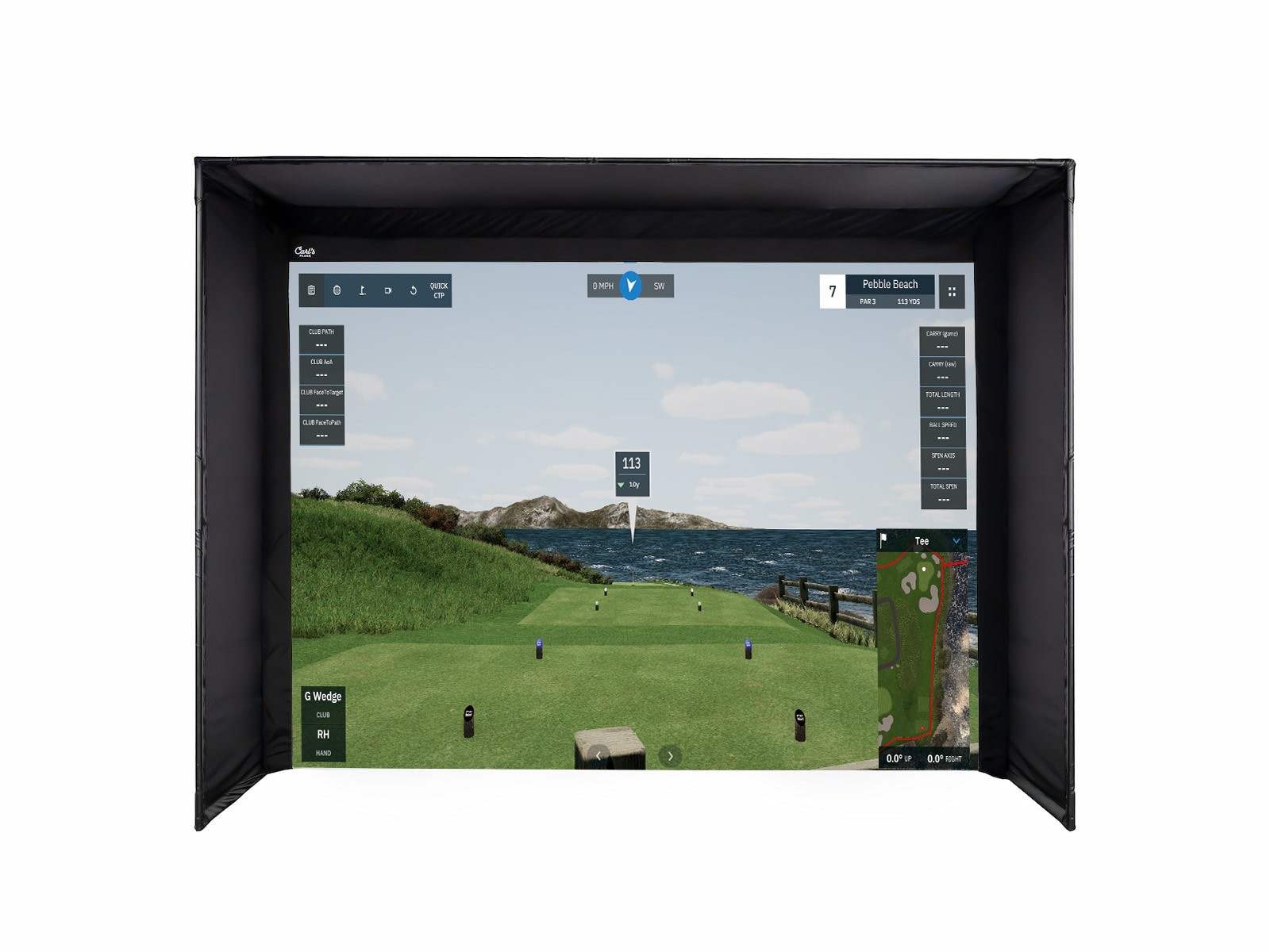 Carl's Place DIY Golf Simulator Enclosure Kit with active GSPro screen