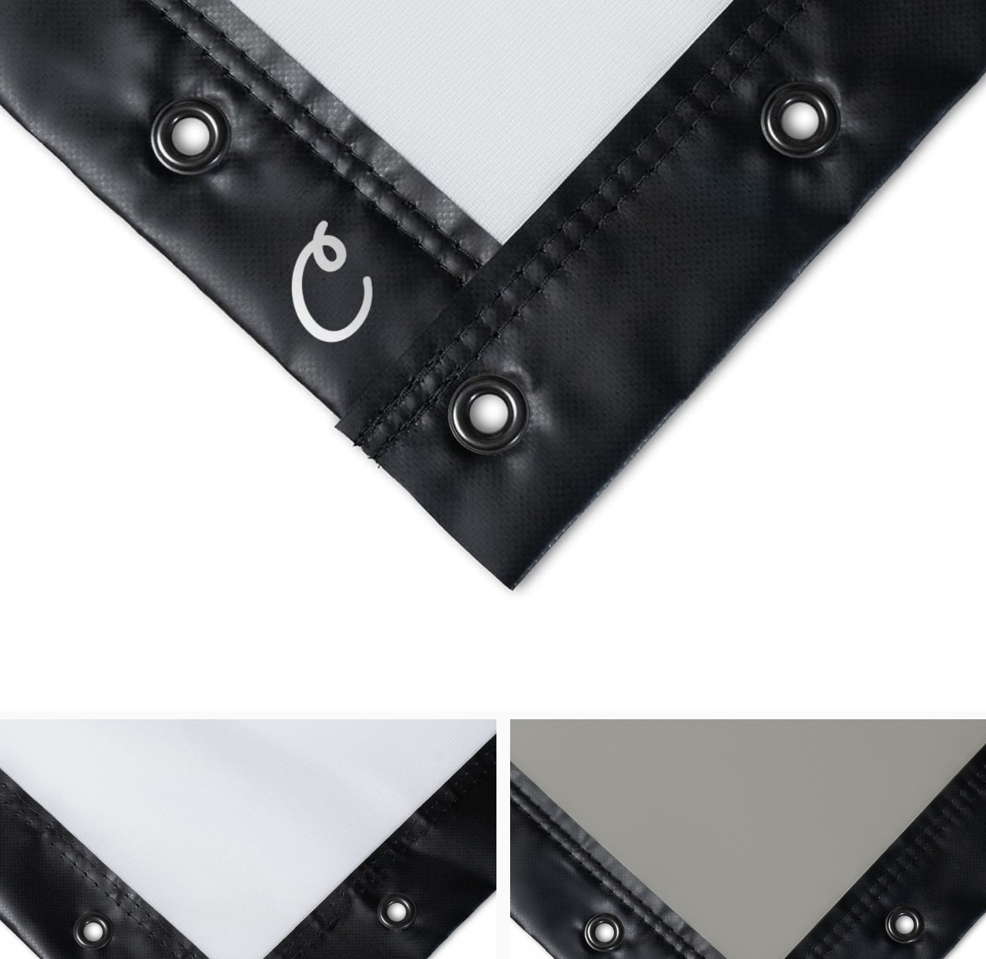 Carl's Place golf impact screen corner detail with reinforced grommets, shown in white, and two gray material options